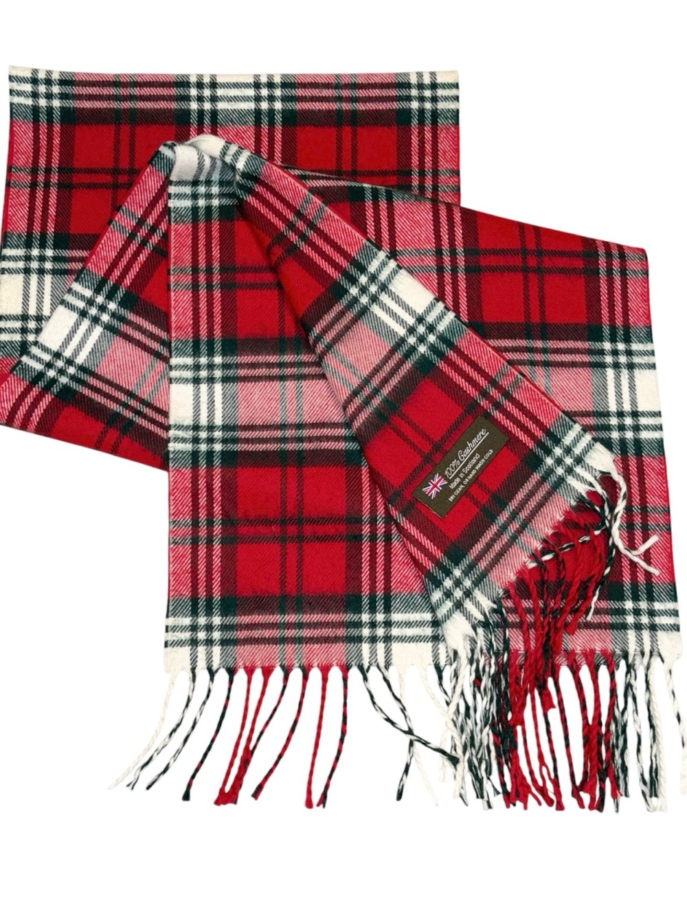 Vintage Y2K 100% Cashmere Scarf Made in Scotland Red Plaid Cabincore 70x12”